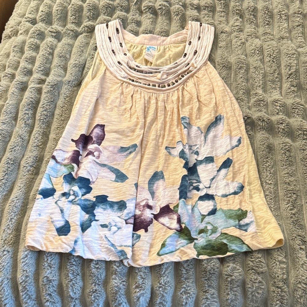 Free People Cream and Blue Floral Top with Bead Embellishments